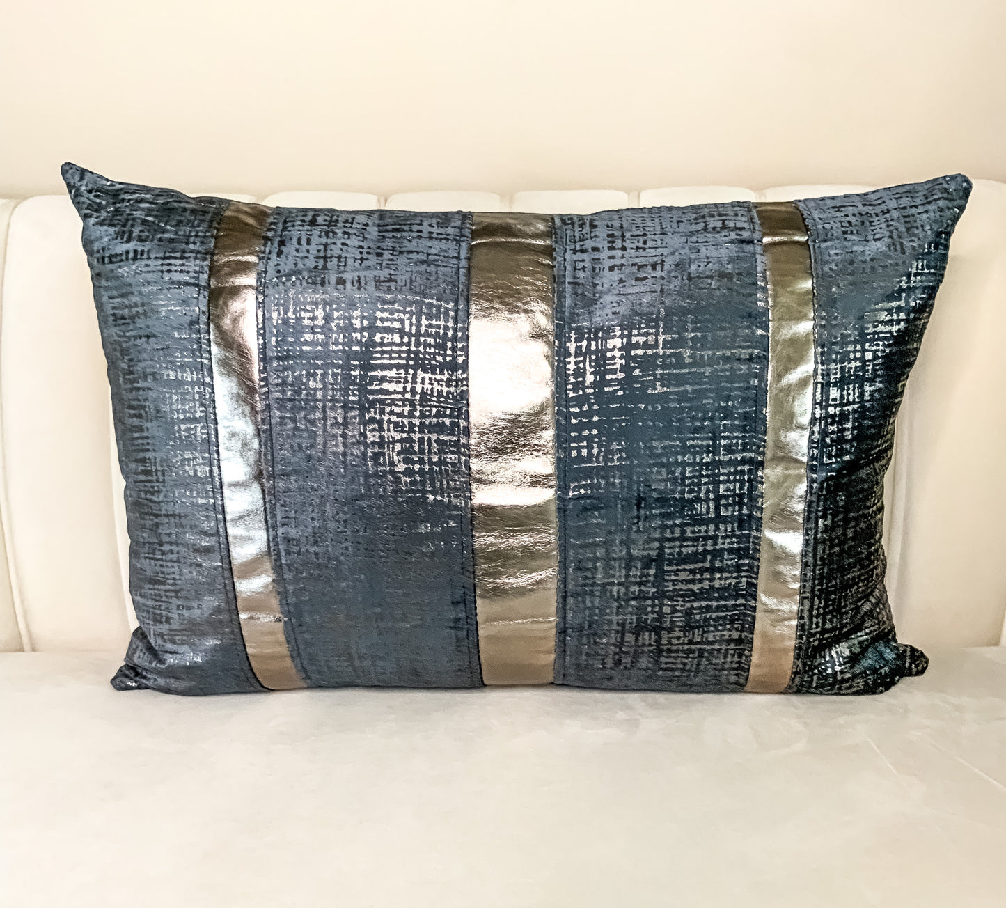 Anaïs Midnight Blue Foil and PU Leather Lumbar Pillow 16”x24”