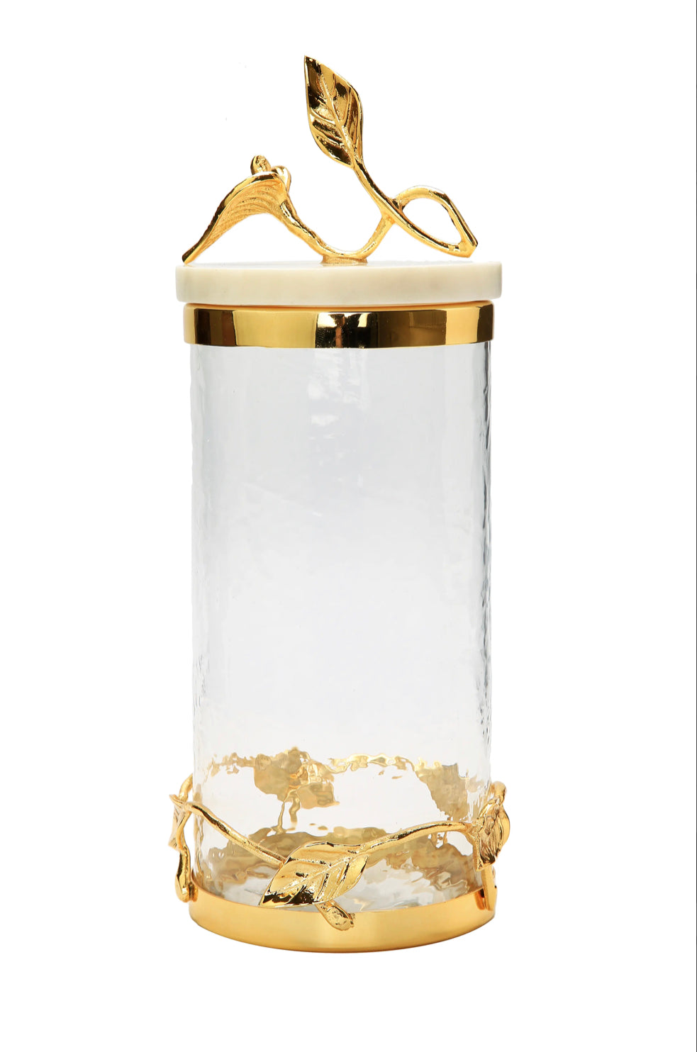 Glass Canister Gold Leaf Design and Marble Lid - Gold Trim