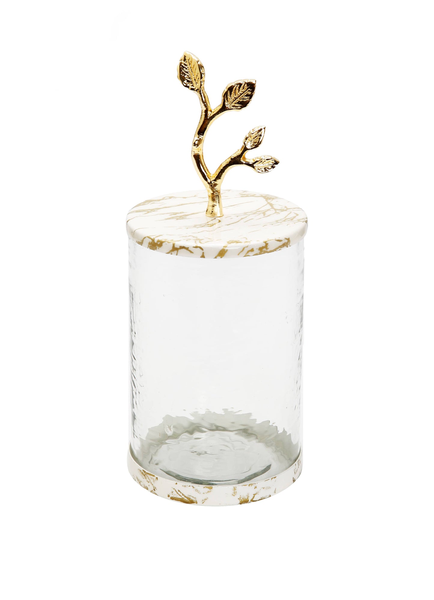 Glass Gold Canister with White/Gold Marble Lid and Leaf Handle