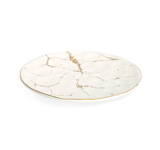 Set Of Four (4) White Porcelain Dinner Plates With Gold Design