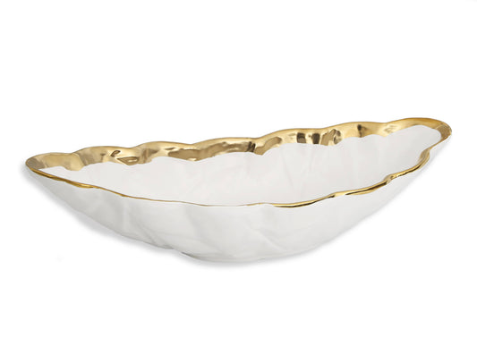 White Porcelain Leaf Shaped Bowl With Gold Border  16.75"L