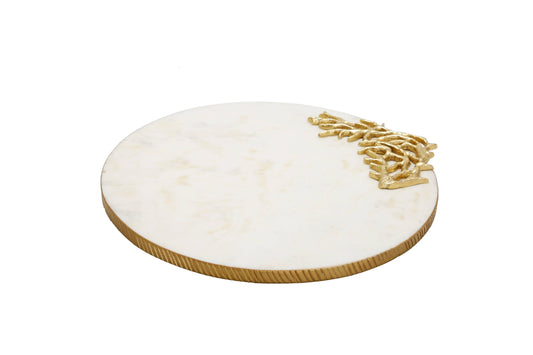 Round Marble Tray Gold Branch on Corner and Gold Edge 13"D