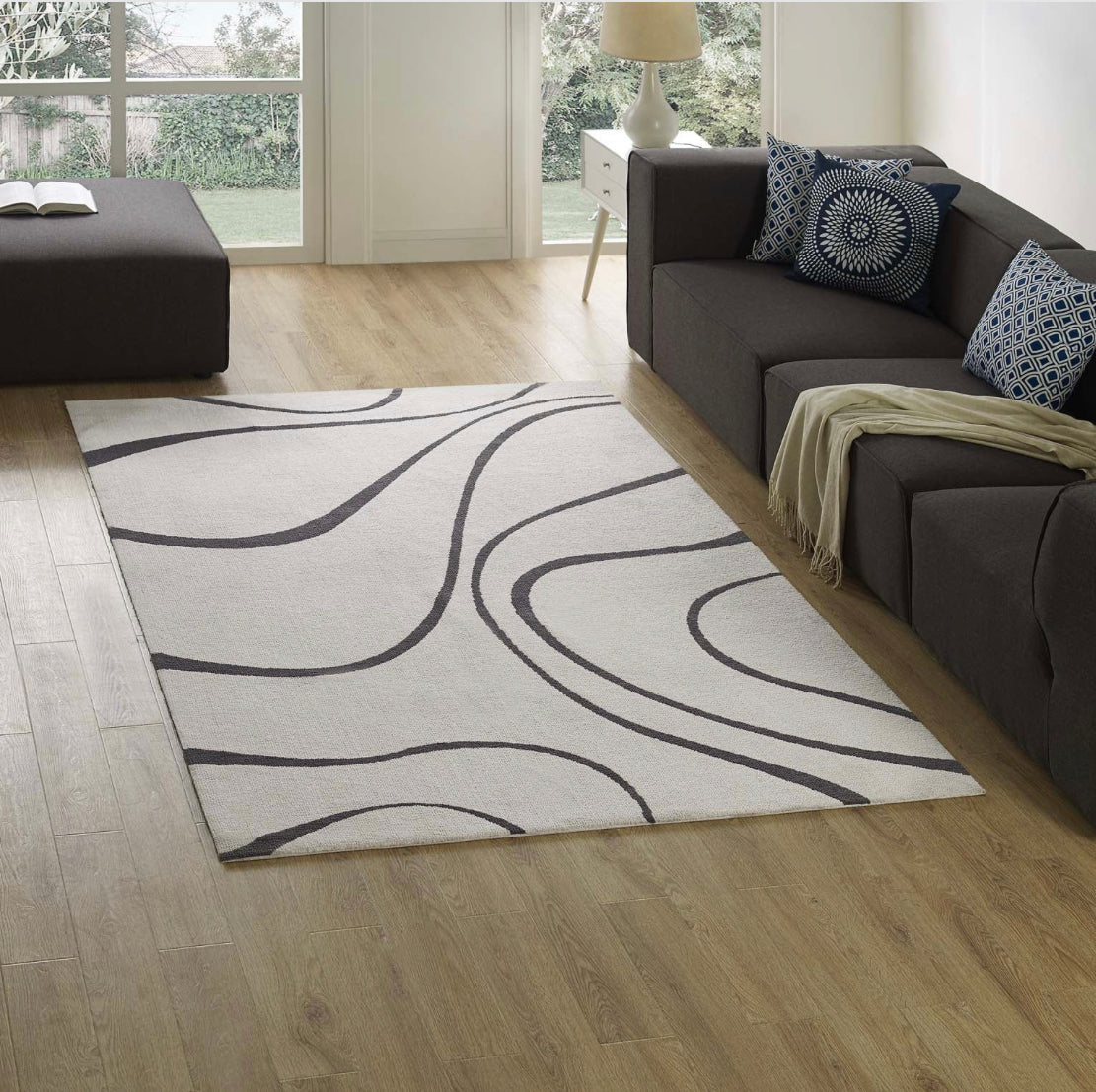 Therese Abstract Swirl 8X10 Area Rug Ivory and Charcoal