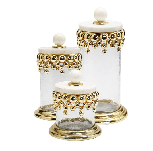 Hammered Glass Canisters with Gold Design and Marble Lid