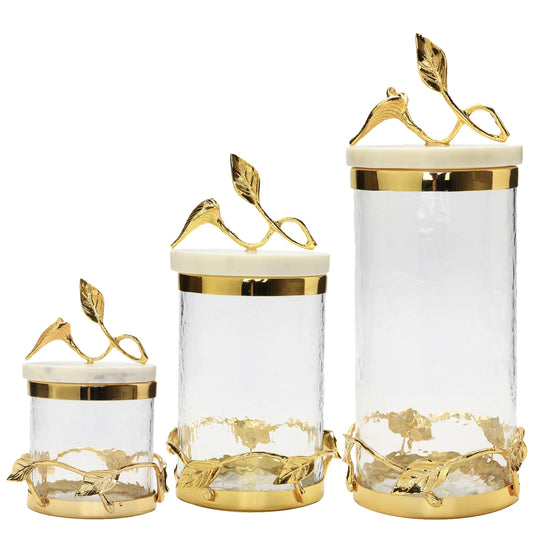Glass Canister Gold Leaf Design and Marble Lid - Gold Trim