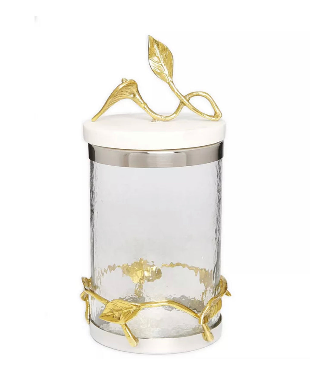 Hammered Glass Canister With Leaf Design And Marble Lid - Silver Trim