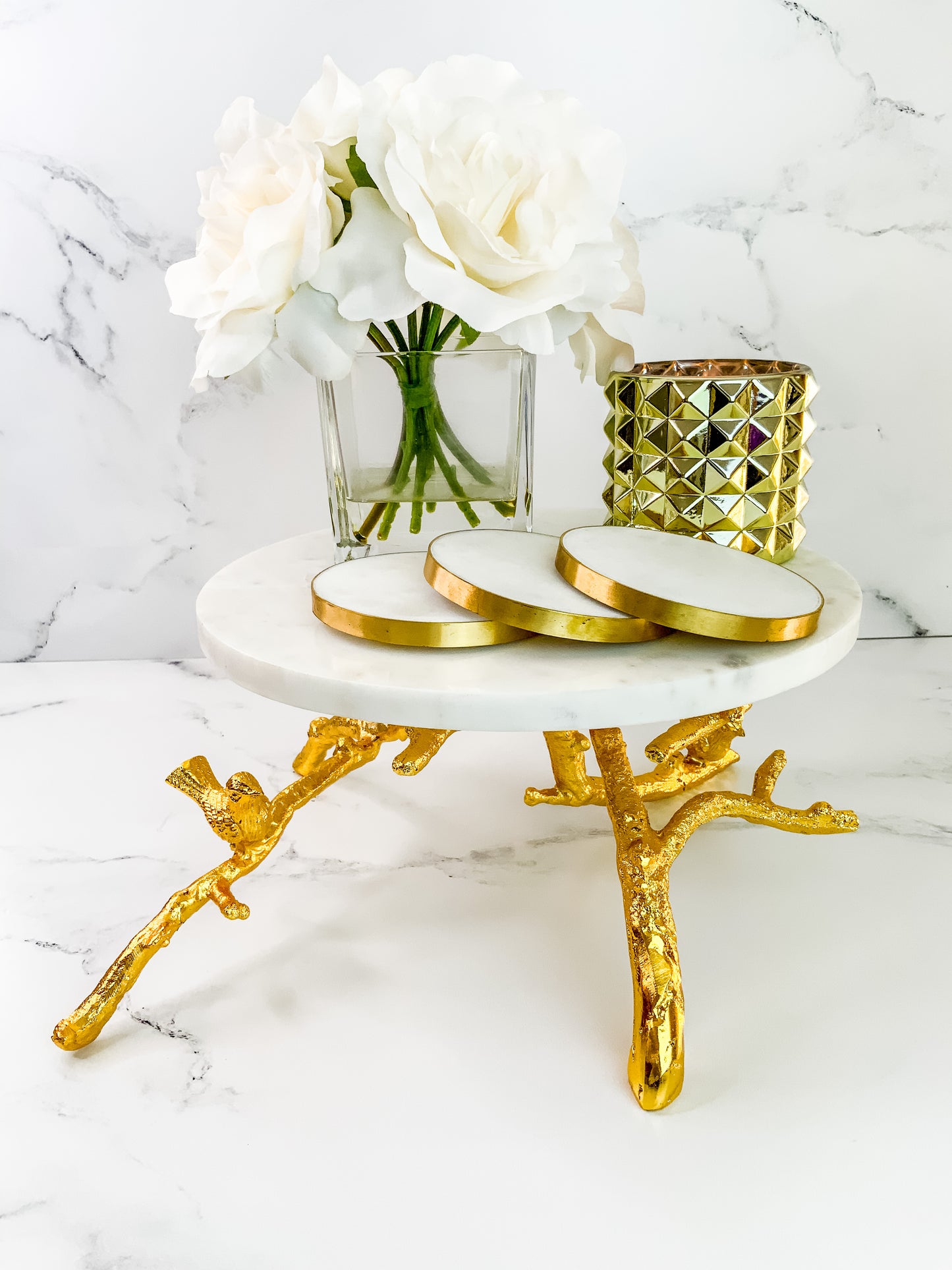 Gabrielle Marble Stand with Gold Birds and Branches - Single Tier