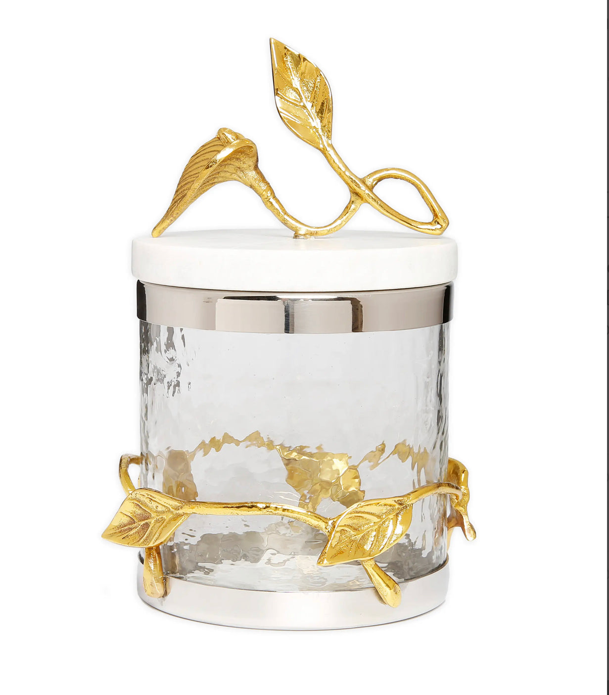 Hammered Glass Canister With Leaf Design And Marble Lid - Silver Trim