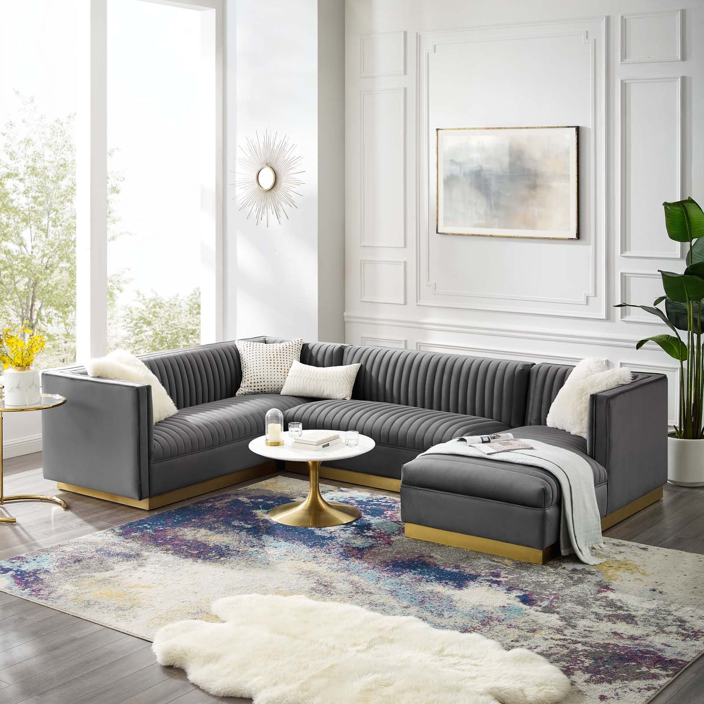 Sanguine 3 Piece Performance Velvet Sectional Sofa Set in Gray