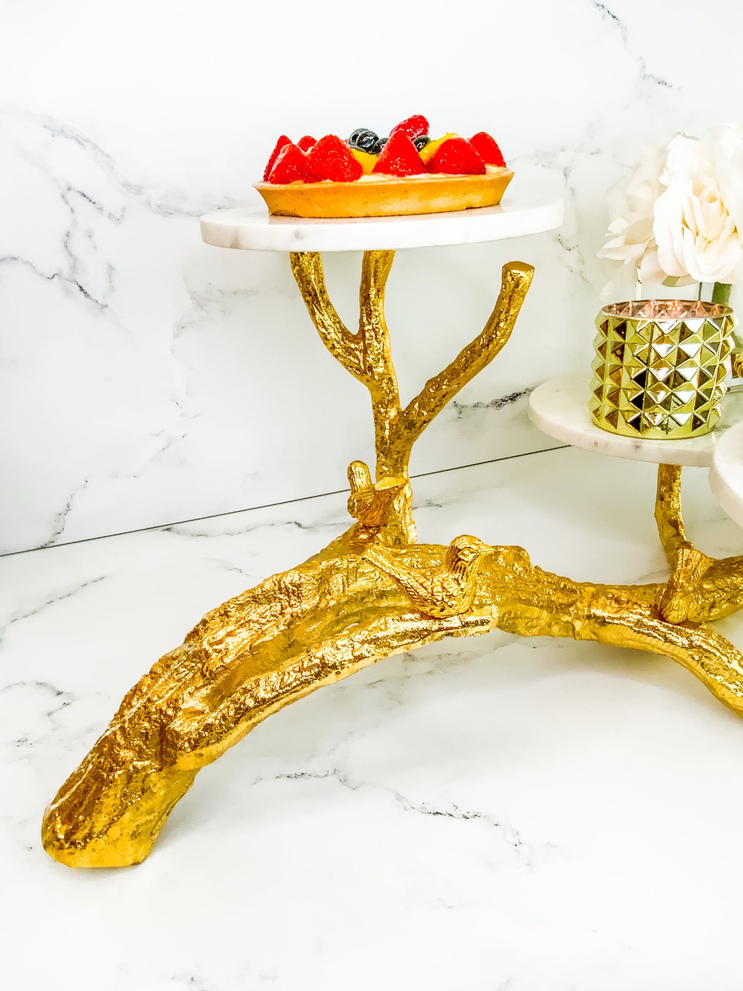 Gabrielle Marble Stand with Gold Birds and Branches - Three Tier Stand