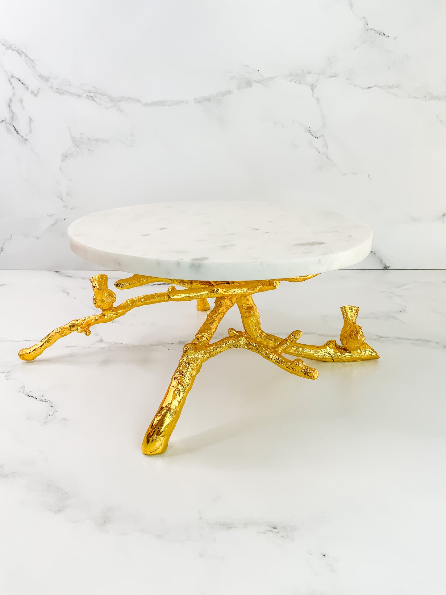 Gabrielle Marble Stand with Gold Birds and Branches - Single Tier