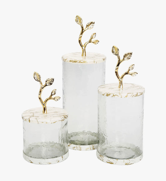 Glass Gold Canister with White/Gold Marble Lid and Leaf Handle