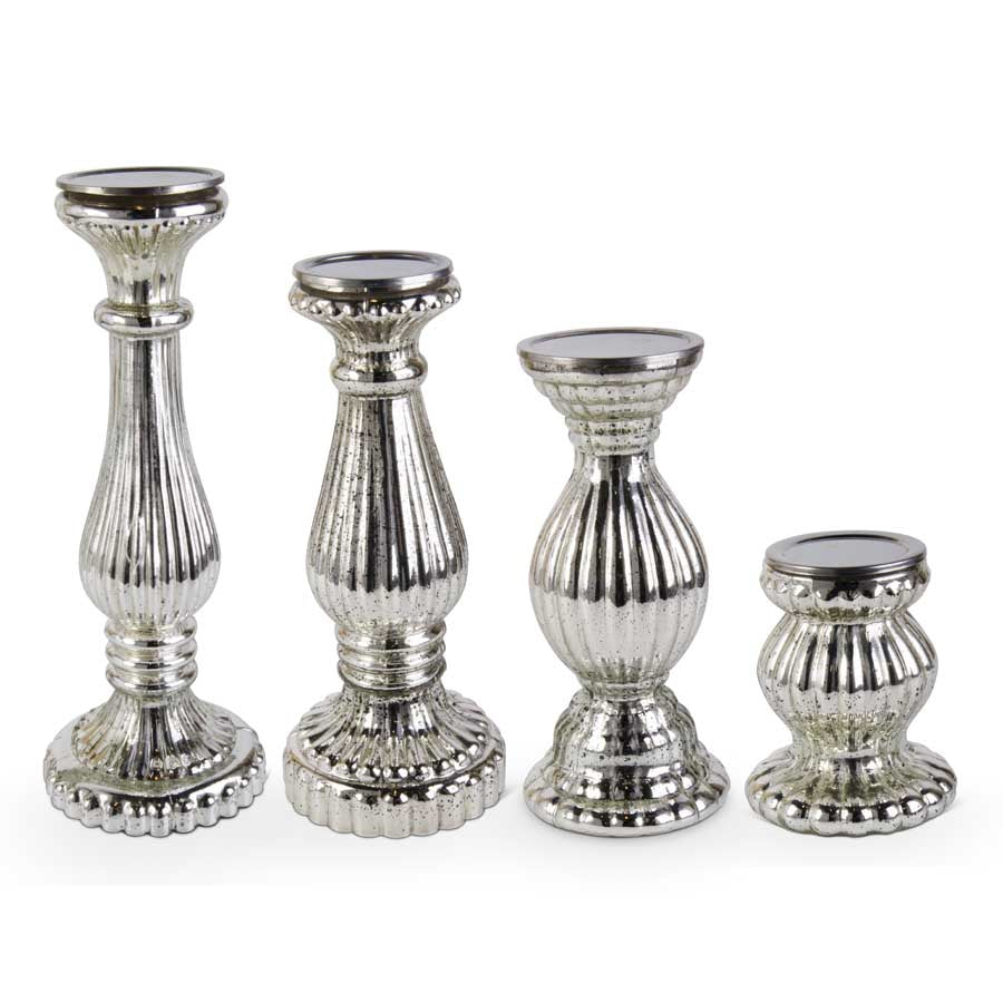 Set of Four Ribbed Mercury Glass Pillar Candleholder 18”H x 6.75”D