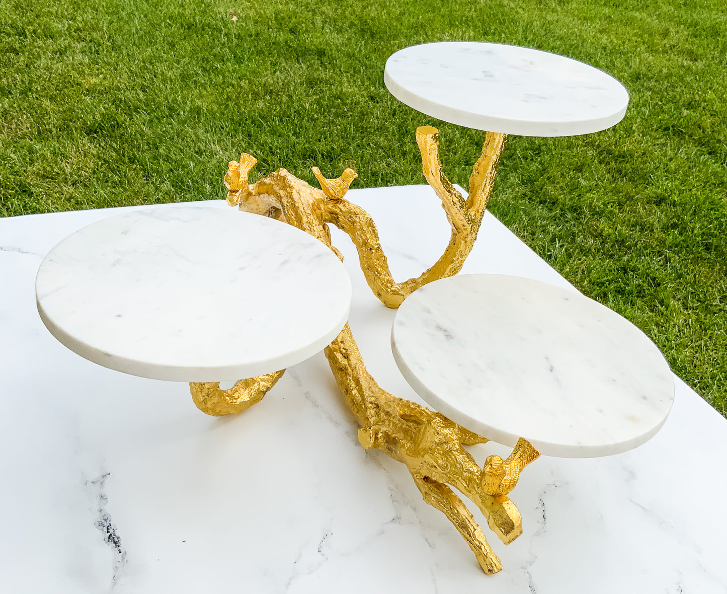 Gabrielle Marble Stand with Gold Birds and Branches - Three Tier Stand