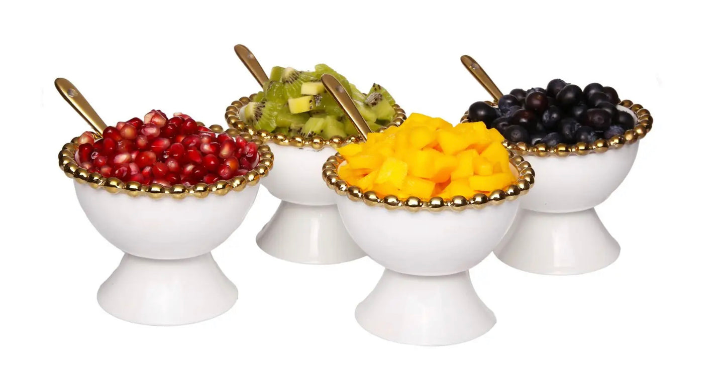 Set of Four Porcelain Dessert Cups with Gold Beaded Design