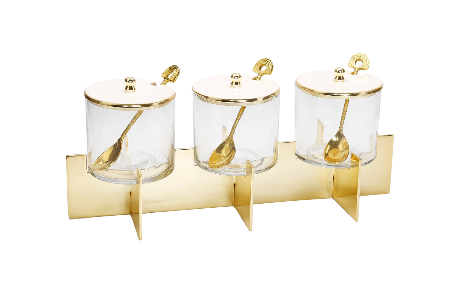 Three Glass Canister Set w/ White Lids in Gold Block Base