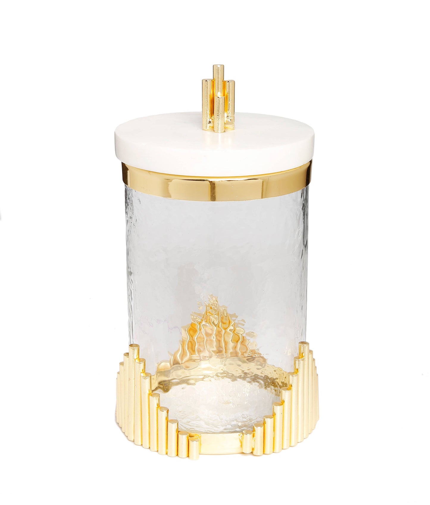 Glass Canister with Marble Lid and Symmetrical Gold Base